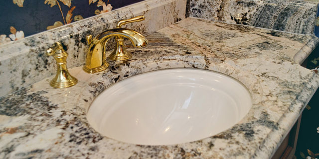 bathroom granite sink and wallpaper